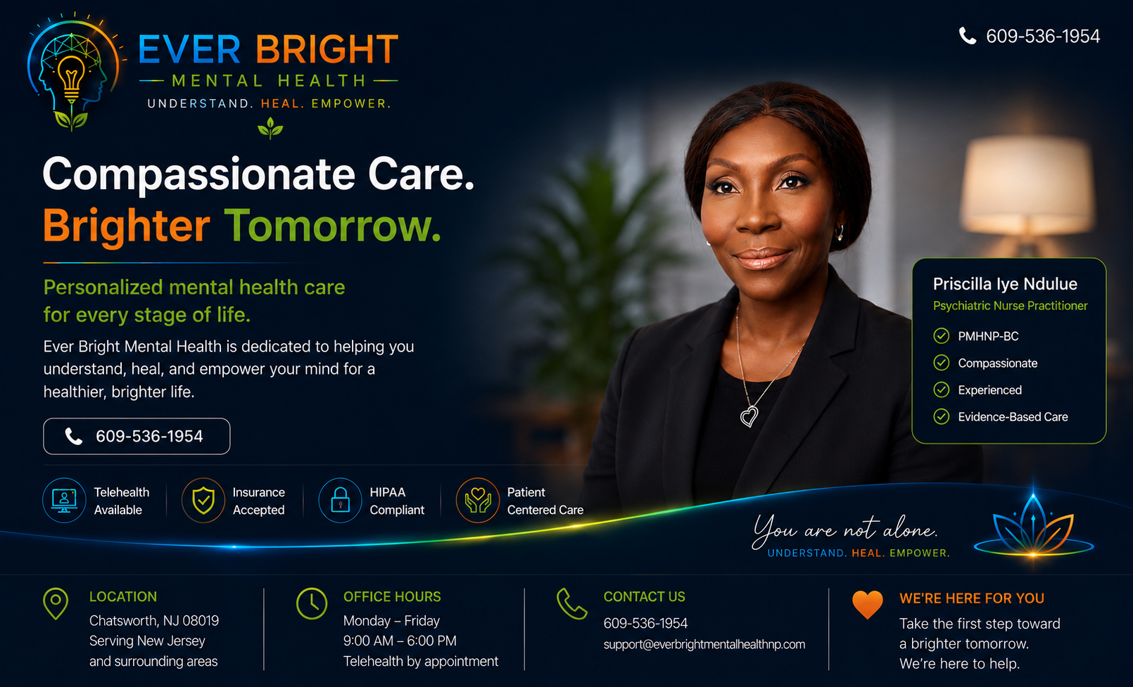 Ever Bright Mental Health — Compassionate Care. Brighter Tomorrow. Board-certified psychiatric nurse practitioner Priscilla Iye Ndulue, PMHNP-BC, serving New Jersey via telehealth.
