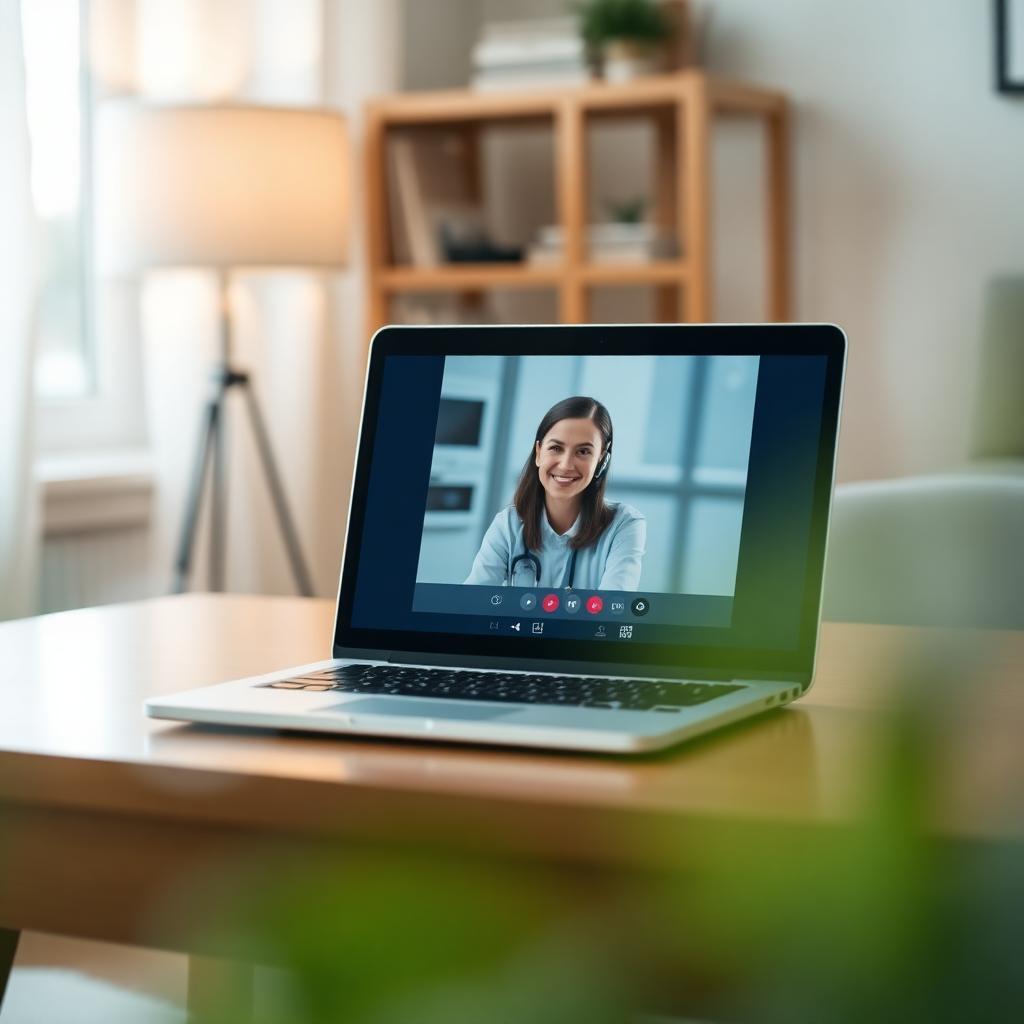 A calm telehealth video appointment on a laptop in a warm home office