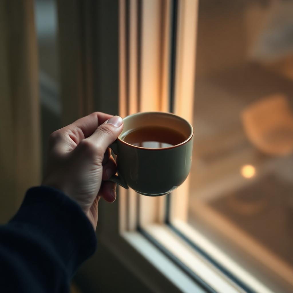 Hands holding a warm mug of tea near a softly lit window